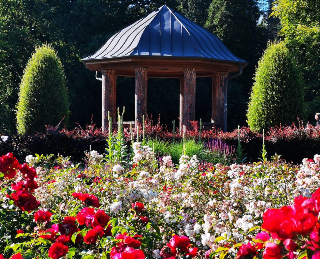 Ein von Bäumen und Blumen gesäumter Pavillon im Altonaer Volkspark.