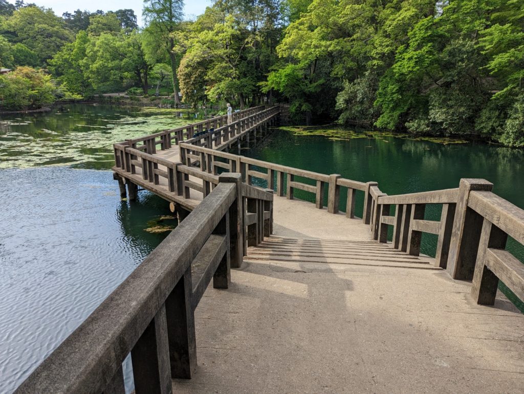 Eine hölzerne Brücke mit Treppenstufen über den See im Inokashira-Park.