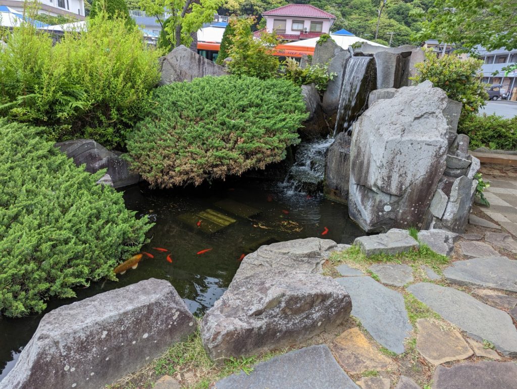 Ein kleiner TEich vor dem Bahnhof von Kawazu. Im Wasser schwimmen Fische.