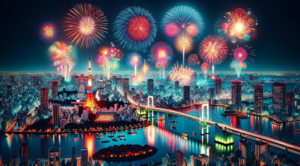 Ein Bild das ein fantasievolles Tokyo bei Nacht und Feuerwerk zeigt.