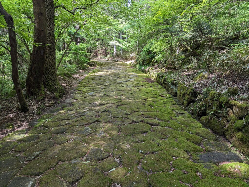 Eine alte Poststraße Richtung Magome mit altem Pflasterstein.